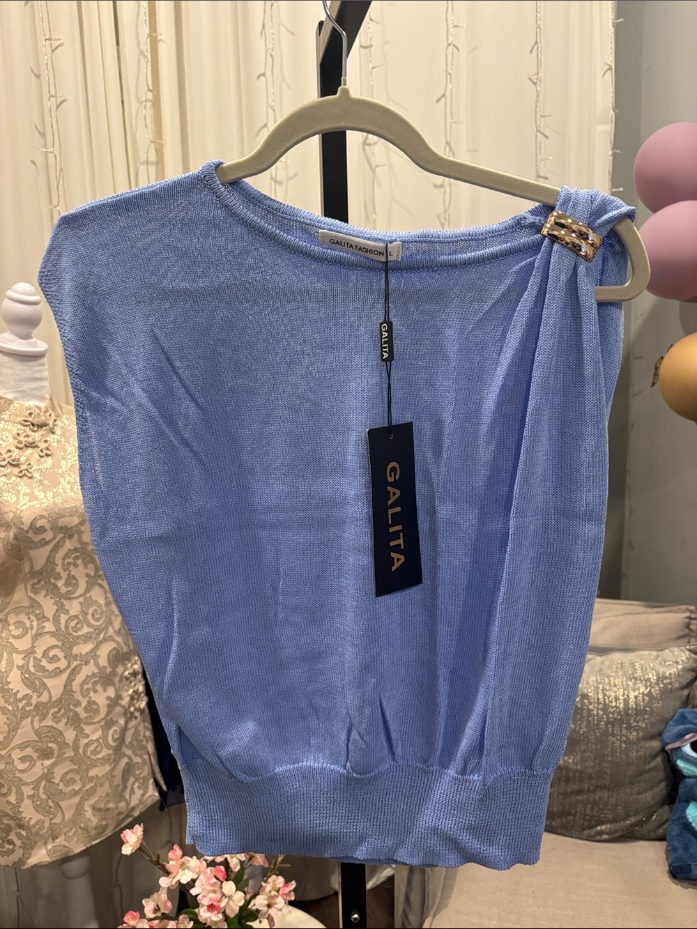 Galita Light Blue One-Shoulder Knit Top with Decorative Accent
